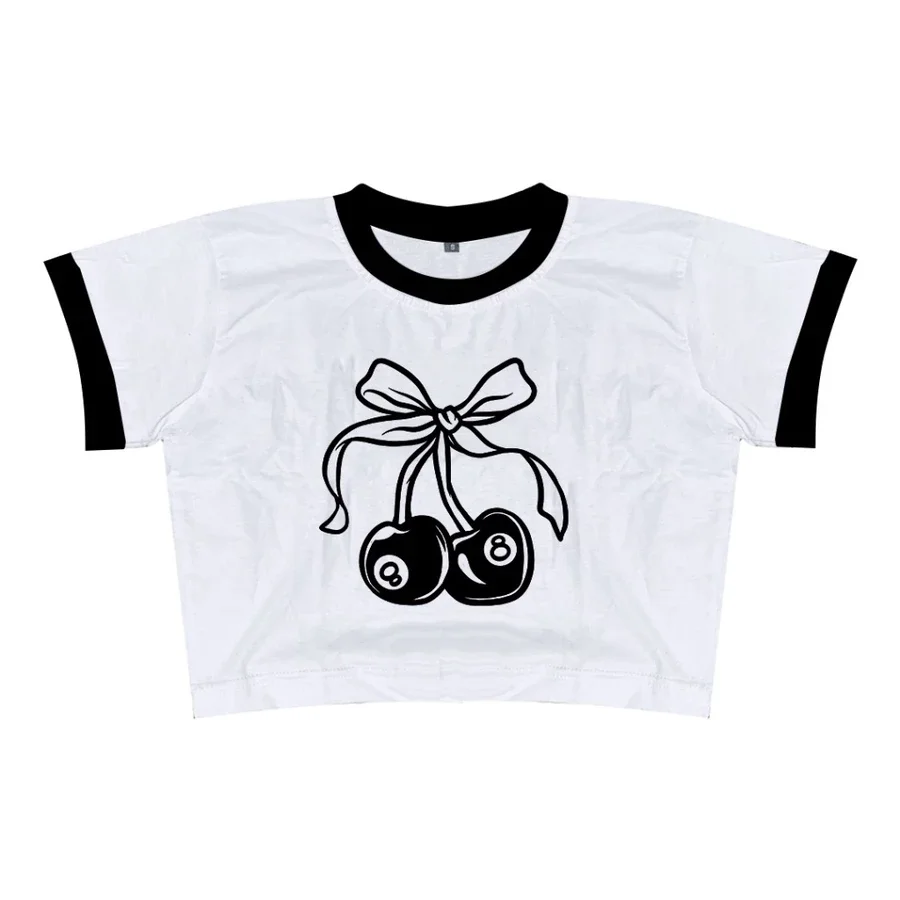 White Black Ribbon Cherry Baby Tee